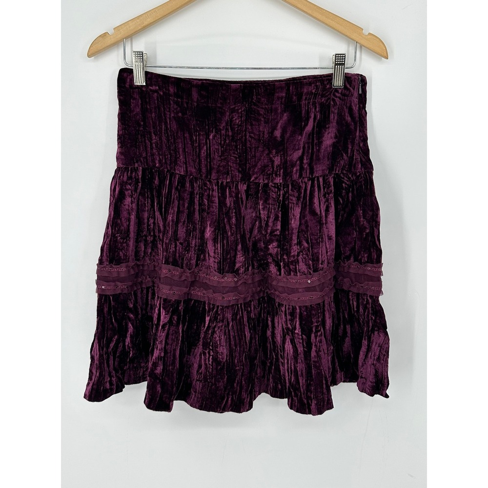 Star City Y2K Purple Crushed Velvet Tiered Mini Skirt Lace Sequin Trim Size 7 B6